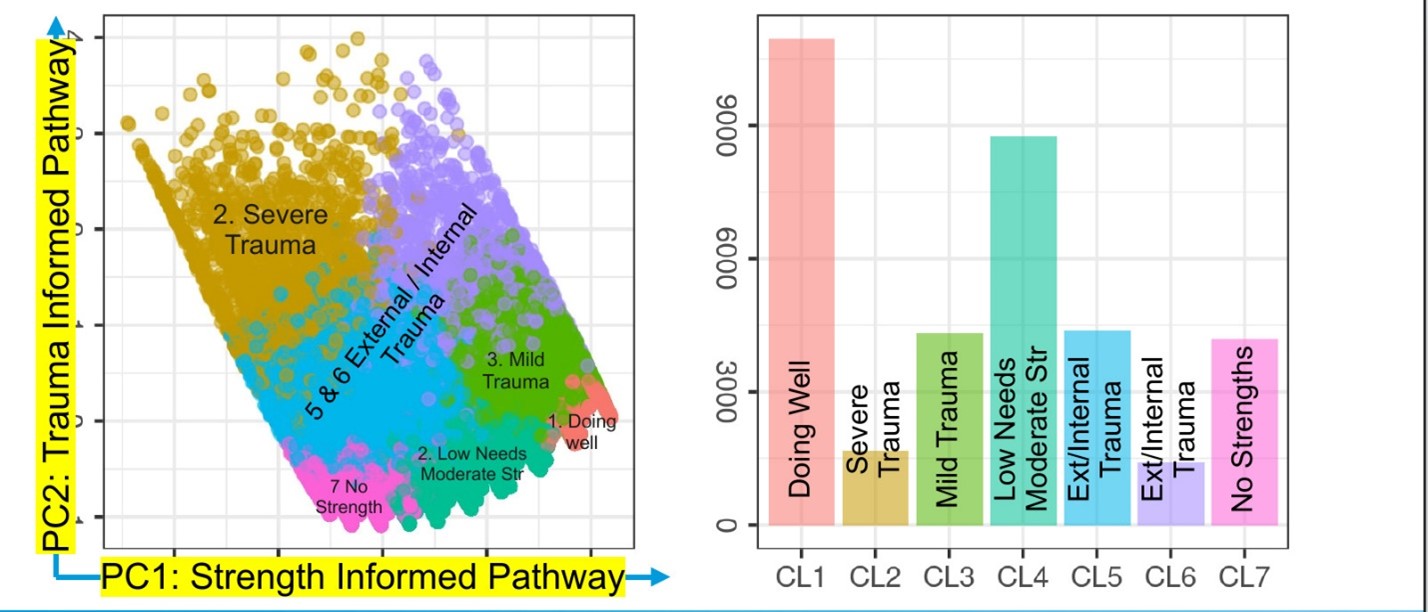 The plot to the left shows a projection of similarities among CANS measurements in 2-d space. Colors represent different groups of children with distinct clinical needs that we obtained based on a Latent Class cluster analysis.  The bar plot to the right shows sample allocations corresponding to each distinct cluster.