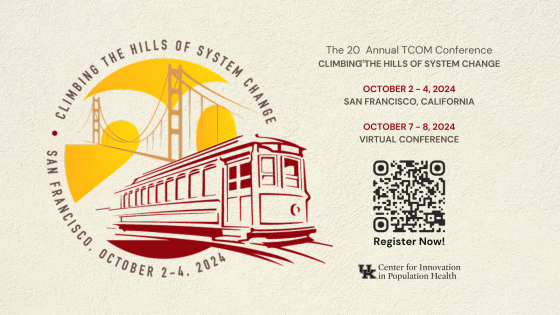 an illustrated flyer for The 20th Annual TCOM Conference (Climbing The Hills Of System Change)